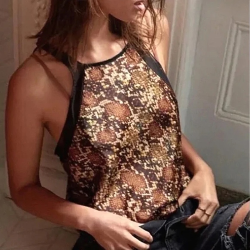 Free People Brown Snakeskin Mesh Detail Bodysuit